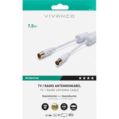 VIVANCO 48122 Antennen Kabel, 7,5m, 100dB, mit Ferritkern, vergoldete Kontakte