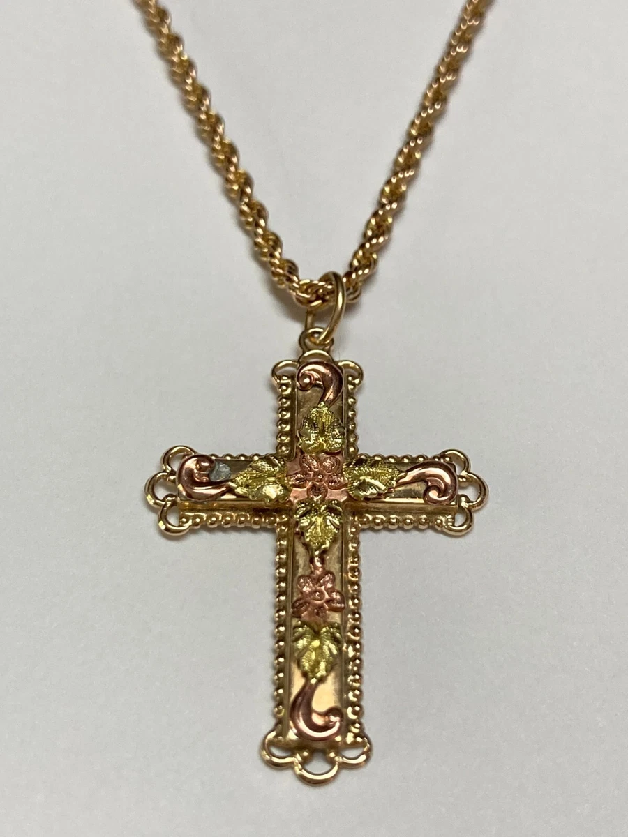 LADIES VINTAGE RELIGIOUS ORNATE TRI-COLOR 10K GOLD CROSS PENDANT, 14K ROPE  CHAIN | eBay