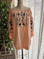 Free People BohoFleur Du Jour Mini Dress Peach Off-Shoulder Embroidered Floral S