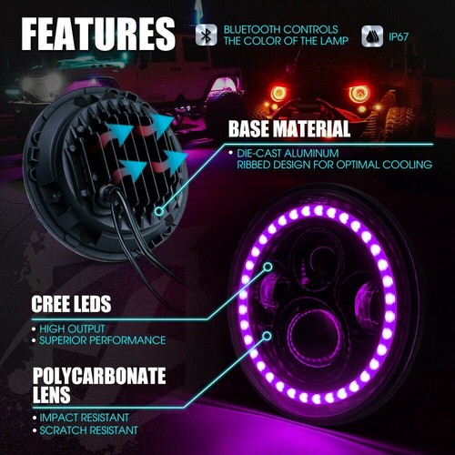 Kit combinado de faros LED RGB halo RDL de 7 pulgadas para Jeep Wrangler JK JKU APP - Imagen 5 de 12