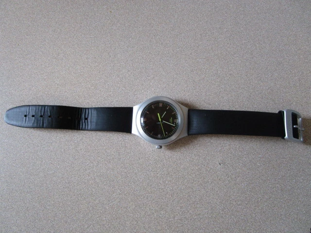 Swatch Mens Black Leather Black Grey Case Watch YGS1008 | eBay