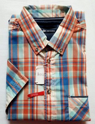 Reward Herren Hemd Gr.M, XL Baumwolle 55% Kragen kurzarm blau rosa kariert NEU