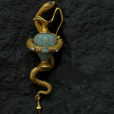 #ad Vintage Brass Snake Blue Stone Pendant Brooch Necklace $18.91
