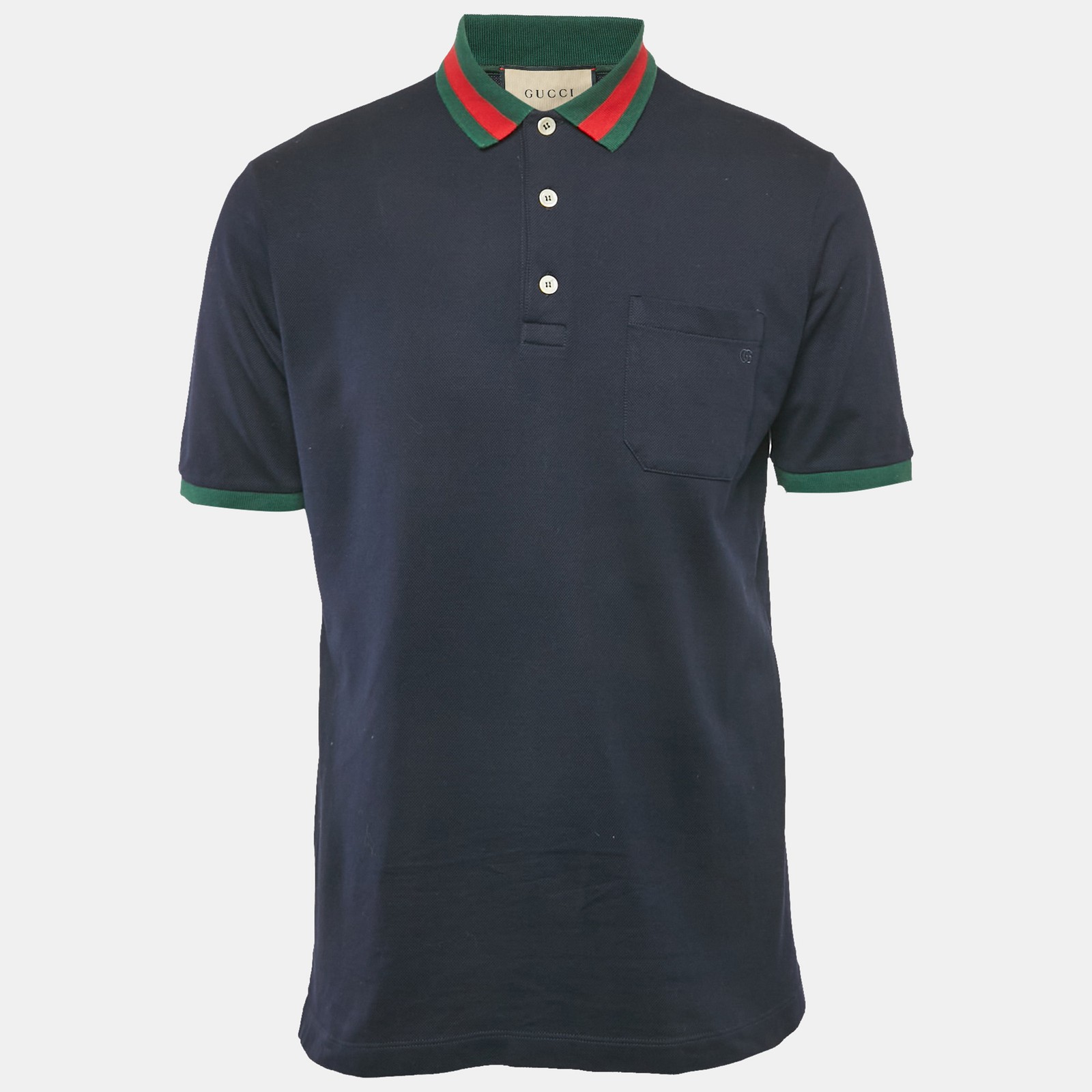 Gucci Navy Blue Web Collar Cotton Pique Polo Shirt Size S