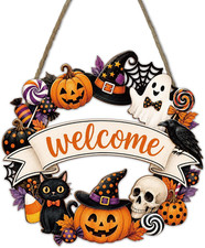 Halloween Wooden Hanging Sign, 11 Inch Halloween Pumpkin Ghost Welcome Door Hang
