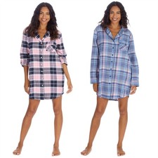 Ladies Flannel Check Nightshirt Button Front Long Sleeve Nightie Night Shirt
