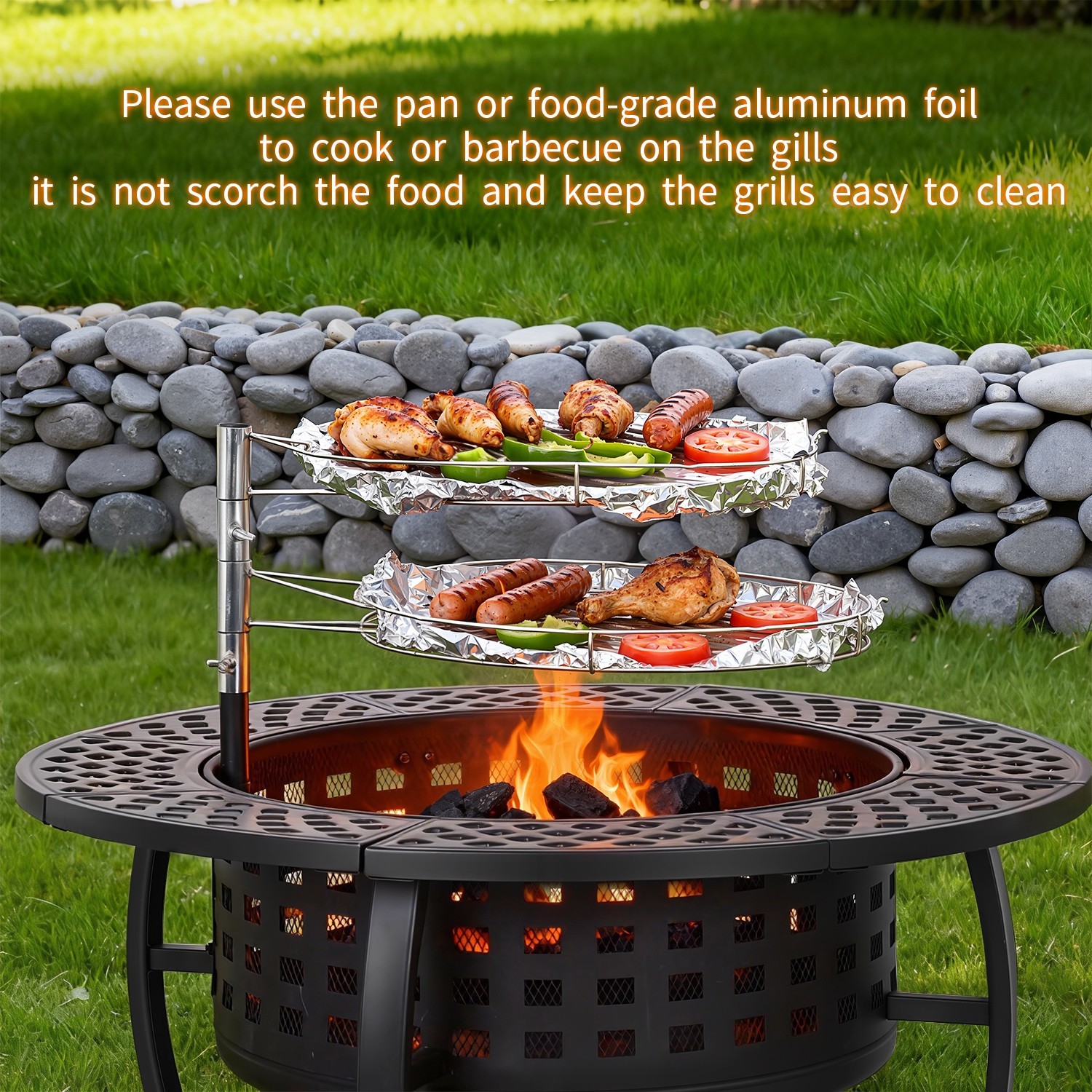 36 Inch Fire Pit with 2 Adjustable Grills, Wood Burning Outdoor Fire Pit w/ Lid