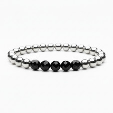Bracciale Acciaio inox Sfere argento 6mm + Perle Nero braccialetto da Uomo Donna