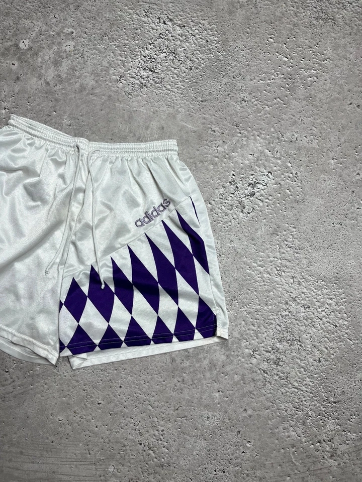 Adidas Vintage White Shiny Polyester Shorts with Purple Diamond Graphic - Image 2 of 4