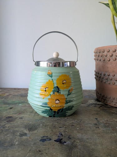 Vintage 1940s Brentleigh Ware Bramley Pottery Biscuit Barrel Chrome Lid Handle