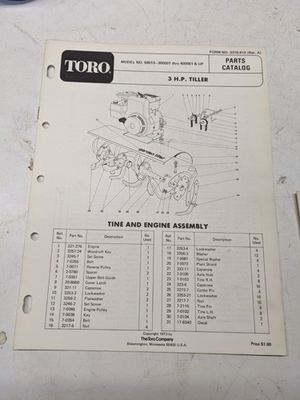 #ad TORO PARTS CATALOG LIST BOOK MANUAL 3HP TILLER 58013 3310 413 REV A 1973 $14.24