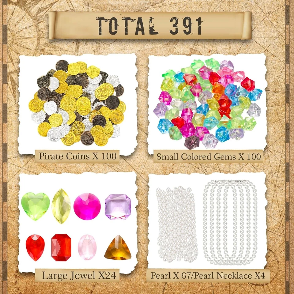 Juego de 319 piezas monedas falsas de oro tesoro pirata gemas y joyas de plástico fiesta... Foto 3 de 4