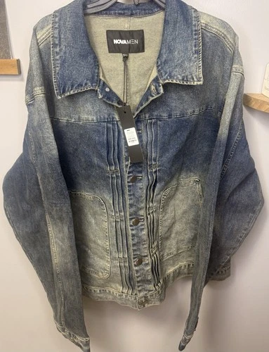 NovaMEN Patrick Pleated Trucker Jacket Mens 3XL Vintage Blue Wash Denim NWT - product listing photo