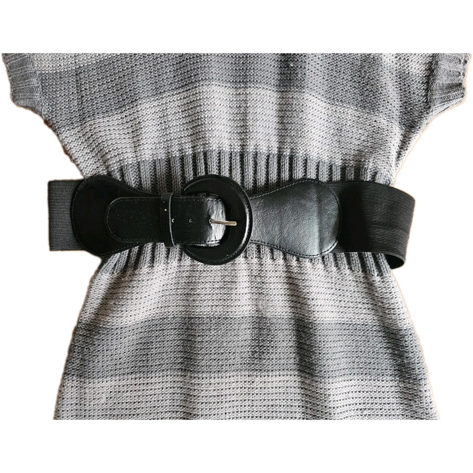 Vestido Suéter Route 66 Gris Rayas con Cuello Capucha y Cinturón Talla Mediana Foto 4 de 4