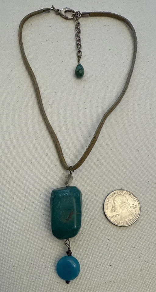 "Collar gargantilla de vidrio citrino turquesa con cordón de cuero bloque grande hecho a mano 15""+2" Foto 3 de 4