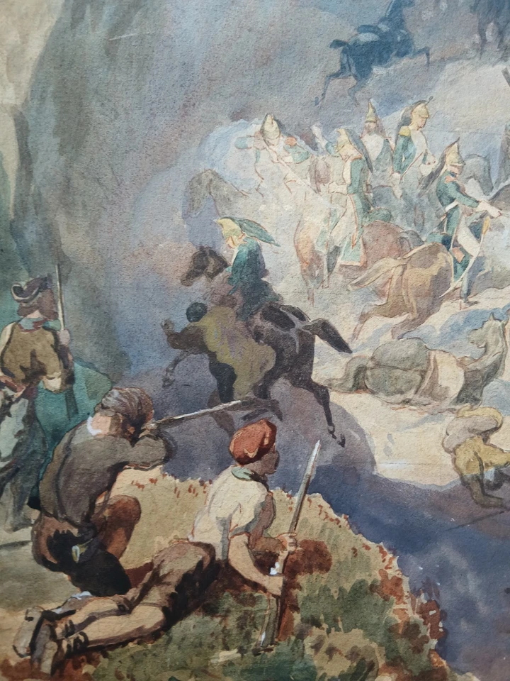 tableau ancien aquarelle ancienne bataille espagne napoléon III (XX) - Photo 2/4