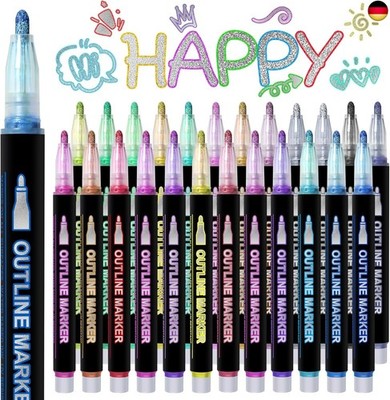 24 Glitzer Konturstifte Set | Wasserlösliche Dual-Tip Stifte mit Goldglitter | 
