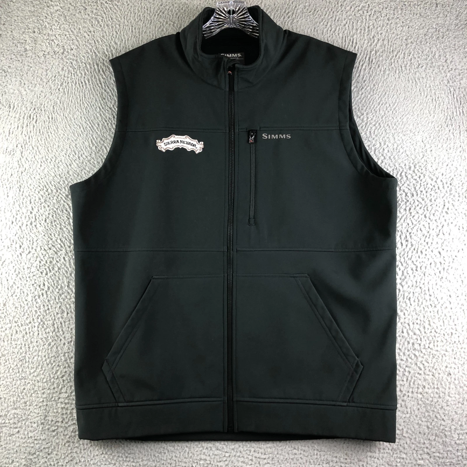 Simms Full Zip Vest Mens XL Black Softshell Fleece Lined Zip Pocket Place Logo