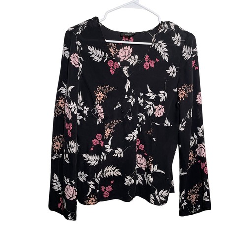 Alfani Blouse Women's 12 Silk Black Floral V-Neck Long Sleeve Career Top