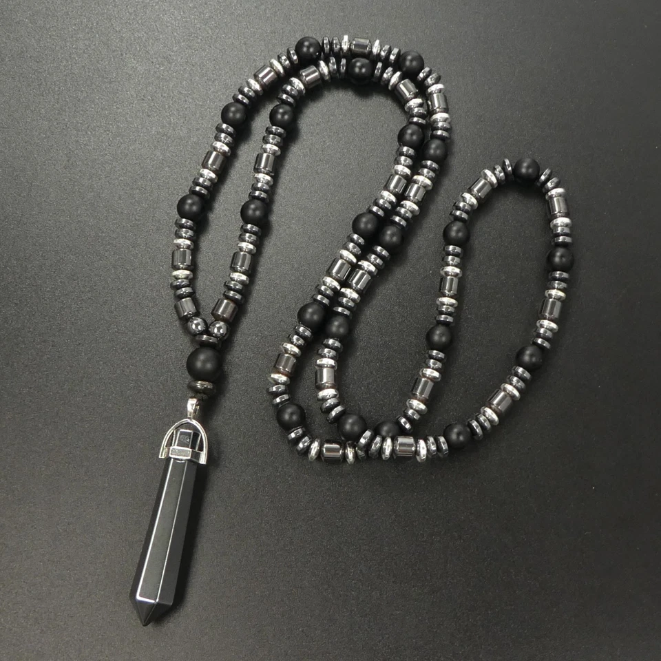 Colgante Cristal Hematita Punta Ónix Negro Mate 29" Largo Collar Hombre Regalo Foto 3 de 4