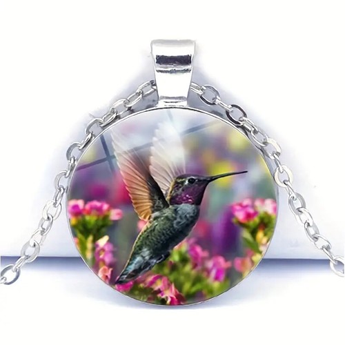 Hummingbird & Flowers Round Pendant Necklace Ideal Choice For Gifts - Picture 2 of 5