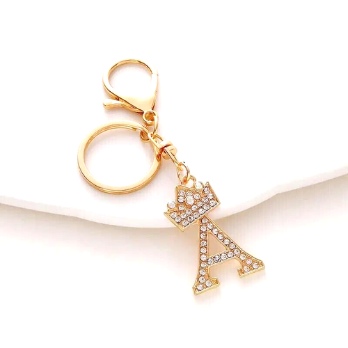 Golden Shiny Rhinestone Crown Letters Pendant Keychain Pendant Car Keychain Gift - Picture 1 of 2
