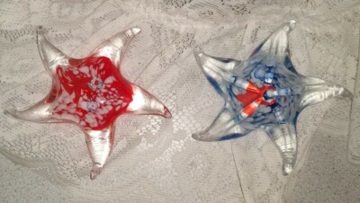 2 Vintage Art Glass Starfish Paperweight Bright Color Coral Look Designs