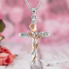 Fashionable Women Men Elegant Rose Cross Faith Pendant Necklace Gift Rose Golden