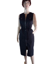 ZIP DOWN BLACK DRESS MIDI FRONT POCKETS SLEEVELESS WITH BELT SIZE 8 & 10