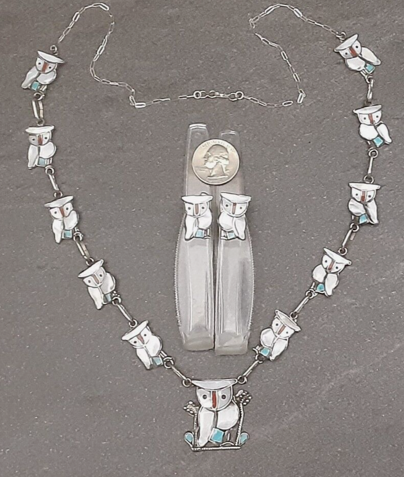 Zuni Indian PITKIN NATEWA Owl Necklace Earrings Set Unusual Rare WHITE