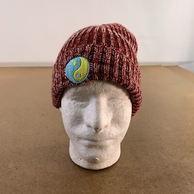 Adult One Size Deep Red Marled Knit Yin Yang Patch Cuffed Beanie New