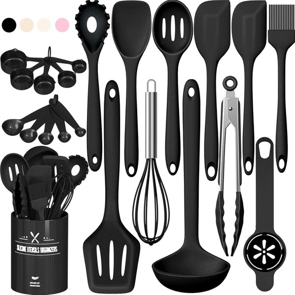 22Tlg Silikon KüChenhelfer Set Utensilienhalter Schwarz Antihaft-image