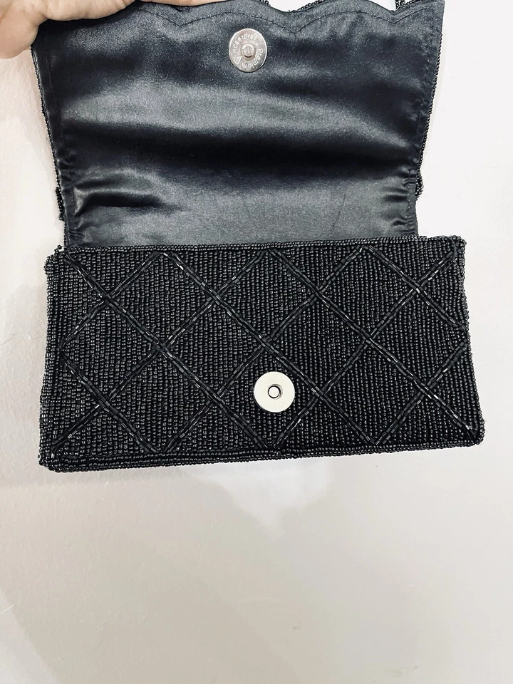 Bolso sin asas floral negro vintage para mujer adornado con cuentas con cuentas Foto 3 de 3