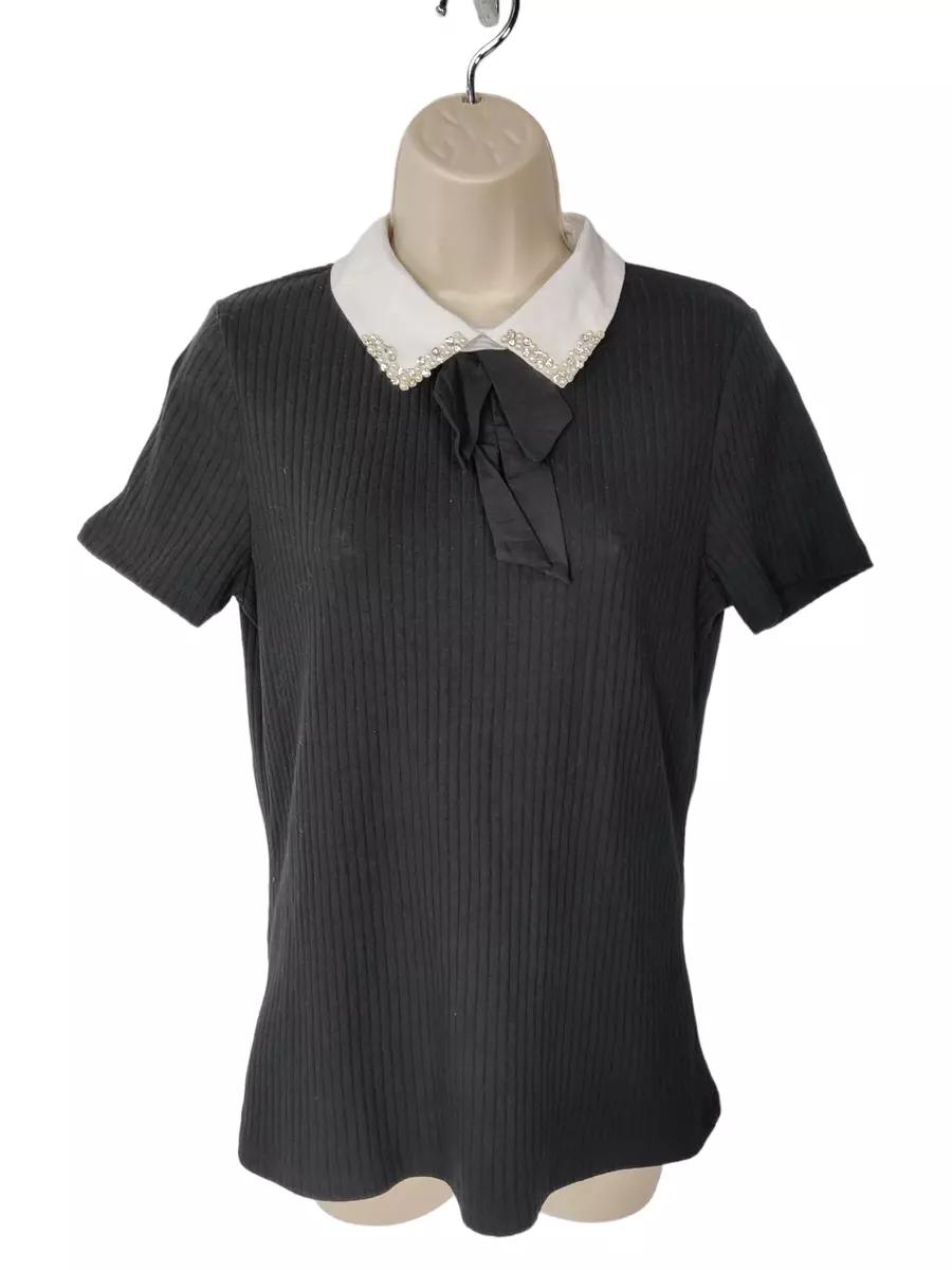 WOMENS RIVER ISLAND UK 12 BLACK BEADED PETER PAN COLLAR SHORT SLEEVE T SHIRT TOP