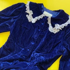 Vintage 70’s Gunne Sax Size 11 Blue Velvet Victorian Long Sleeve Lace Dress