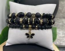 3 PC Handmade Beaded Boho 7  Plus Stretch Charm Bracelet Set Dragonfly B3929