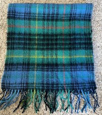 James Pringle Weavers Scottish Lambswool Blue Green Stewart Plaid Fringed Scarf