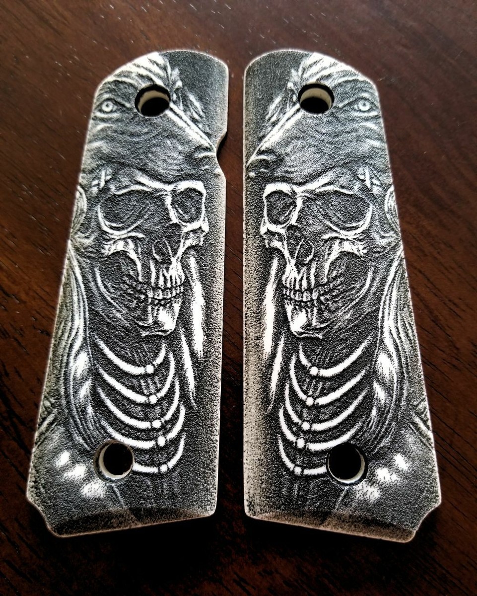 1911 custom engraved ivory scrimshaw grips Indian Skull Grim