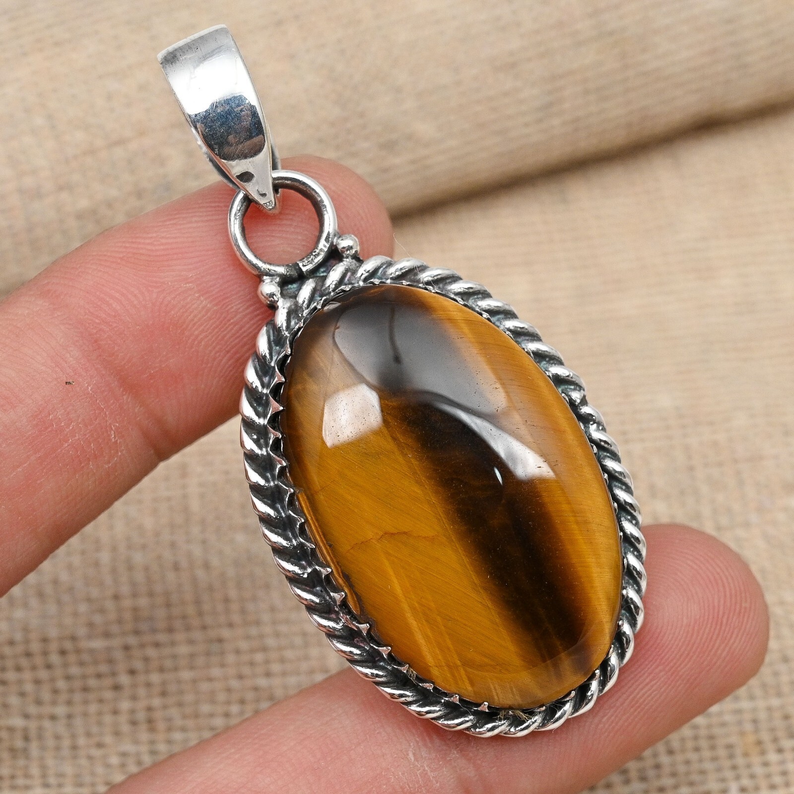 Natural Tiger's Eye Gemstone Solid 925 Sterling Silver Jewelry Handmade Pendant
