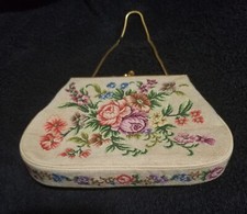 Vintage Micro Petit Point Floral Tapestry Evening Purse Beige Gold Floral 70's