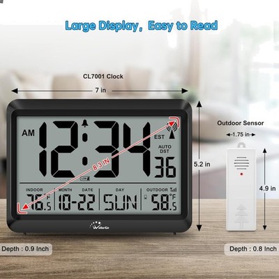 Atomic Clock with Indoor Outdoor Temperature - 8.5'' Digital Clock Battery Op...