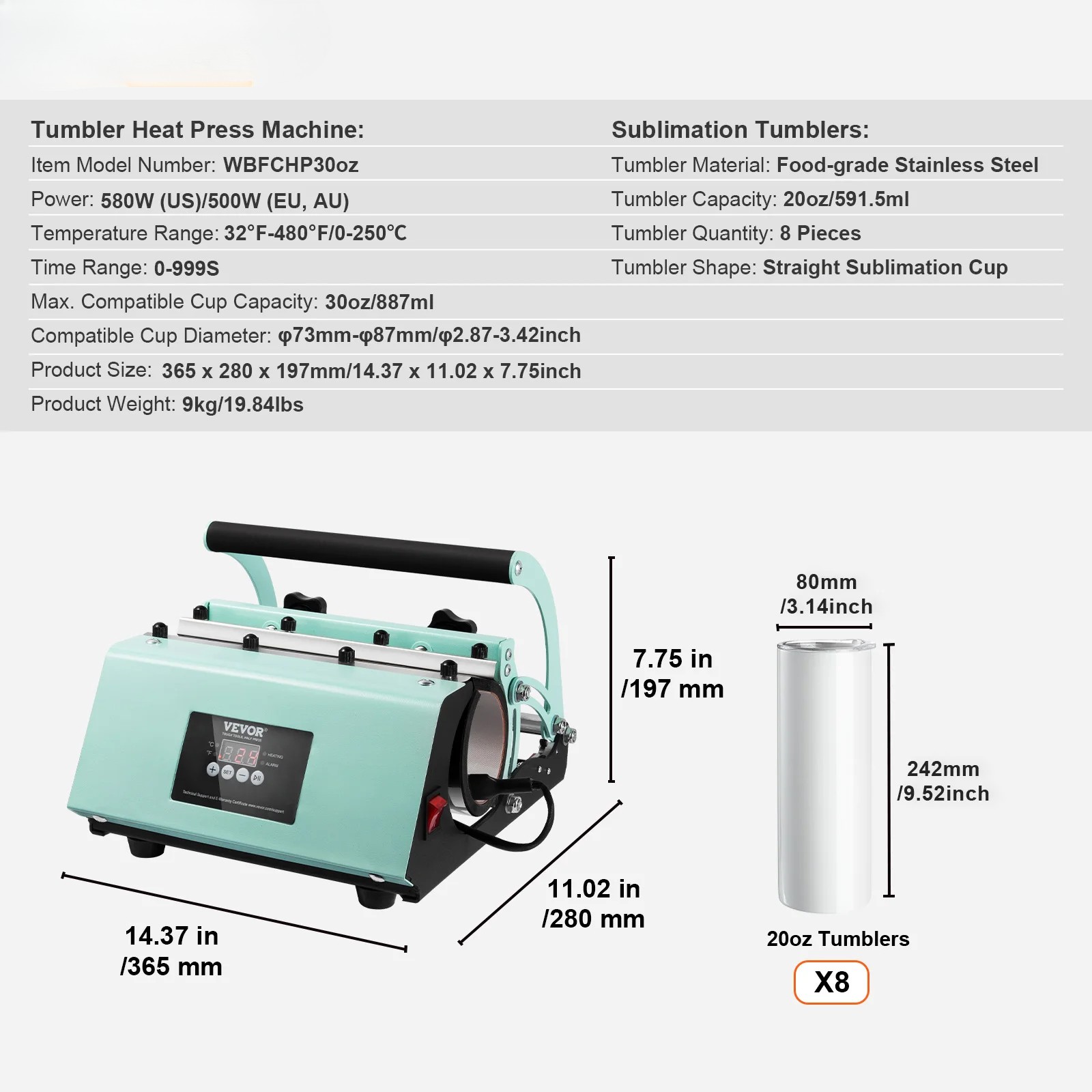 Tumbler Heat Press Machine set included 8pcs 20OZ Blank Tumblers Mug and Presses