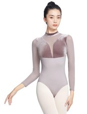 Women's Turtleneck Ballet Leotard With Mesh Long Sleeve, Velvet Dance  Gymna...