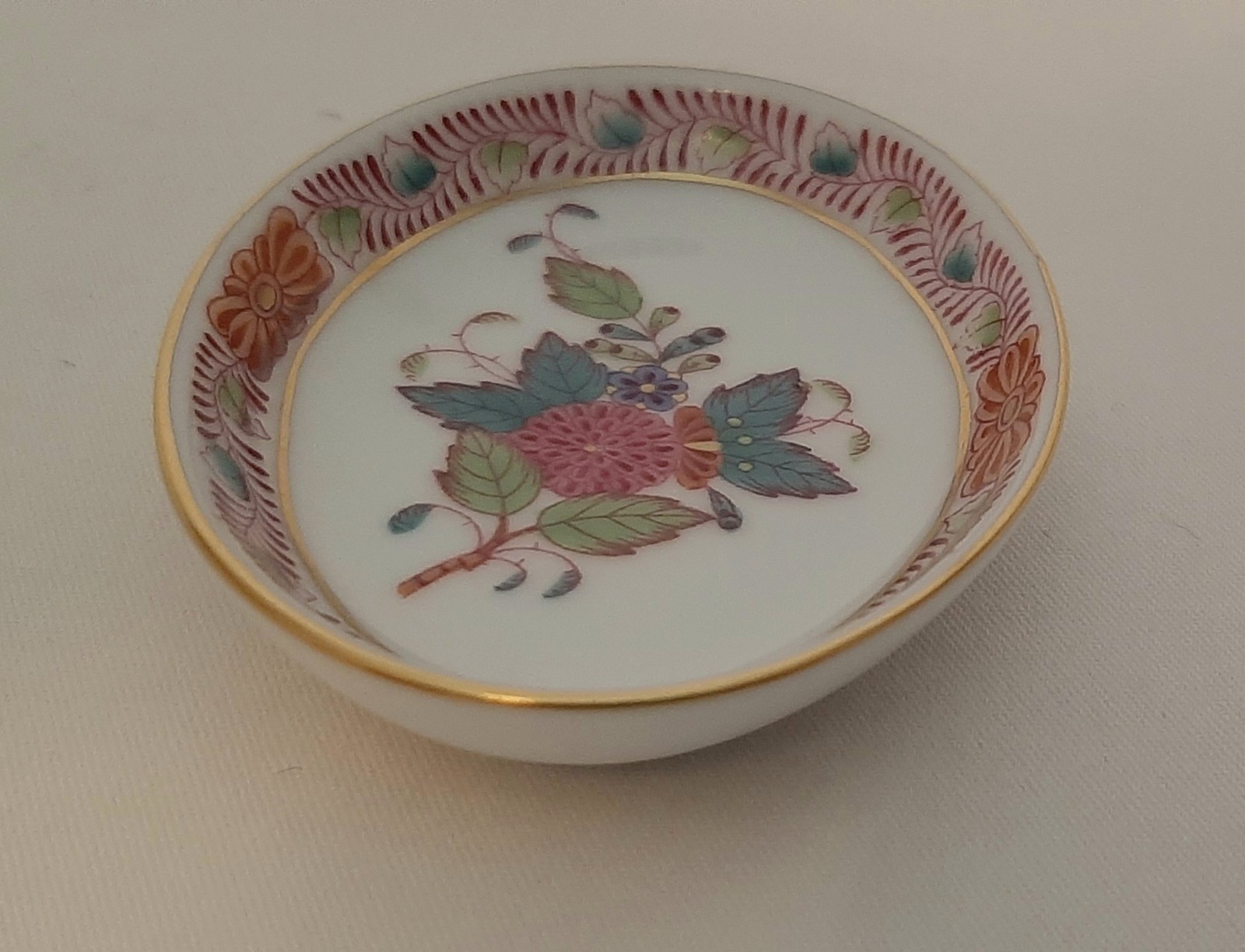 Herend Hungary Small Multicolor Flower Trinket Pin Dish  3” x 2-1/2” x 1/2” 