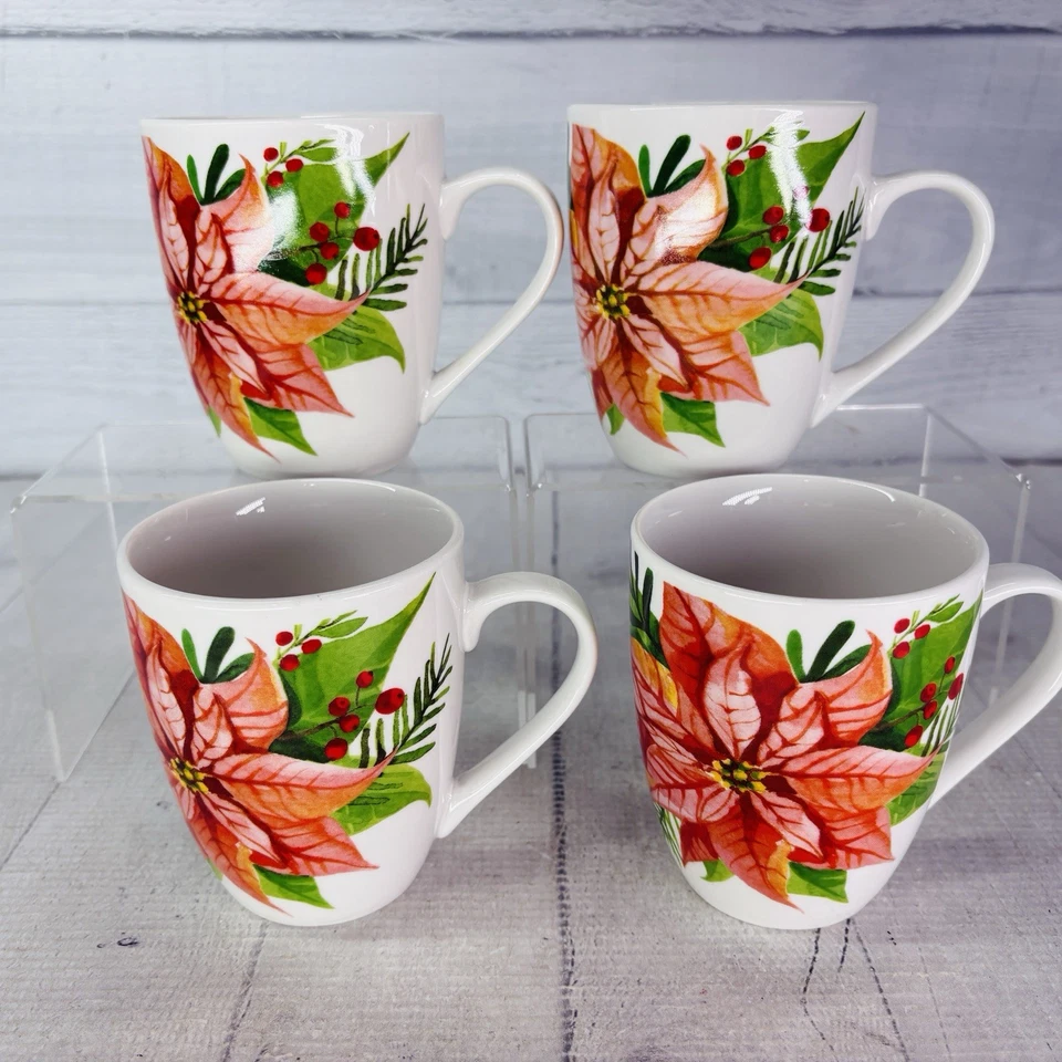 Gibson MAGIC POINSETTIA Rojo Floral Porcelana Navidad 10oz Tazas Tazas Juego de 4 Foto 2 de 4