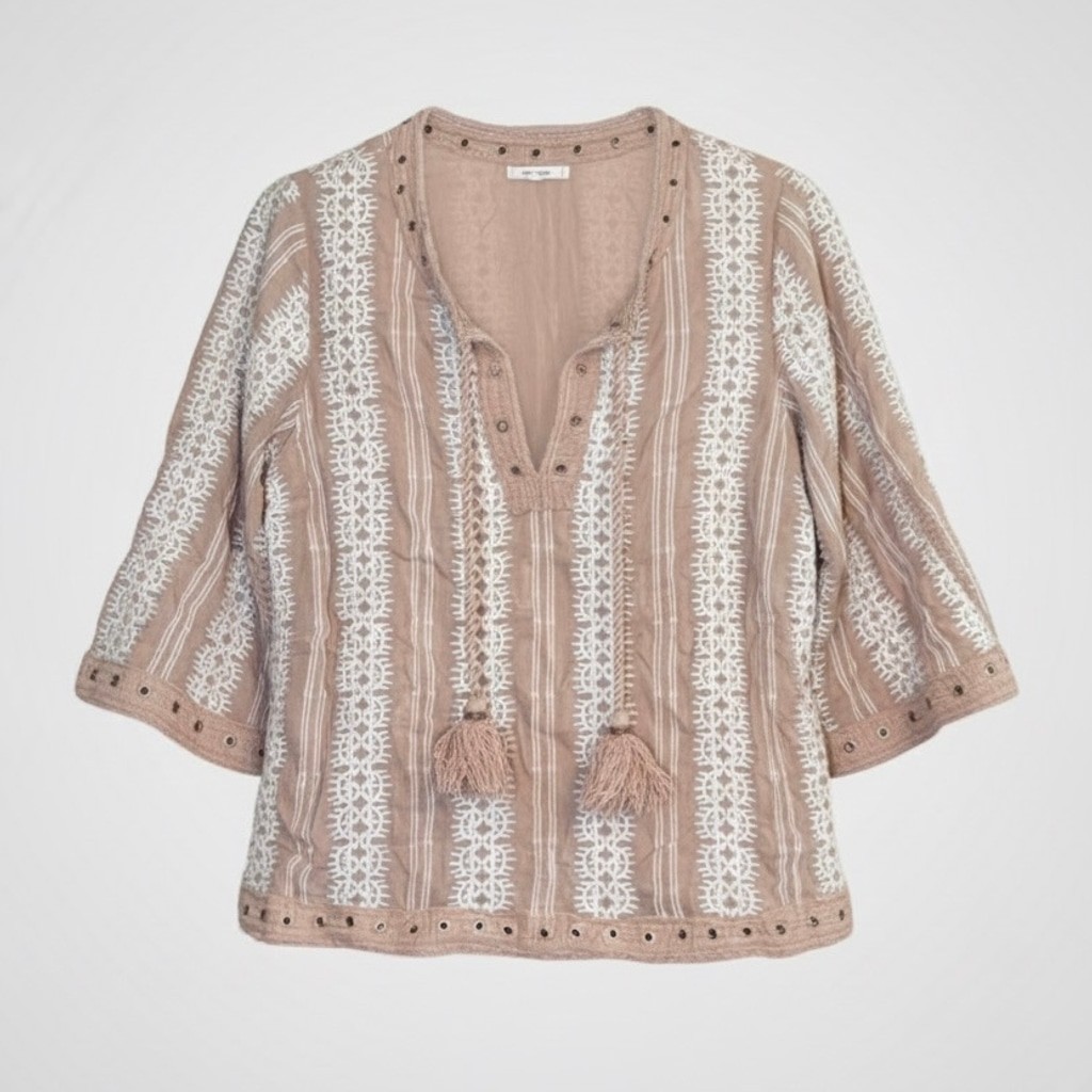 Tularosa Embroidered Eyelet Boho Peasant Blouse Tassel Tie Top Small