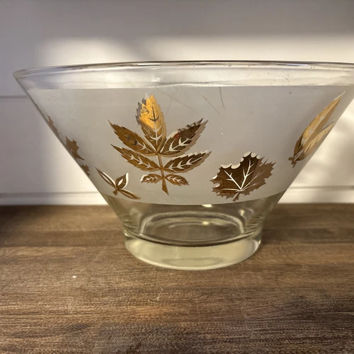 Anchor Hocking Frosted Glass Bowl Gold Leaves