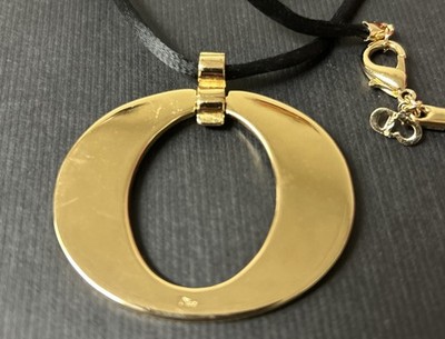 1980s Christian Dior  'O' Pendant Necklace Gold Tone O w Black Cord Signed 28 