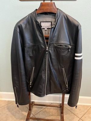 Wilsons Leather M. JULIAN Black Biker Jacket Striped Sleeve Zipper Men's Size L