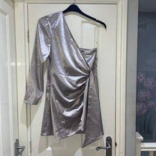 Boohoo Silver Metallic One Shoulder Satin Mini Party Clubbing Dress Size 14 New